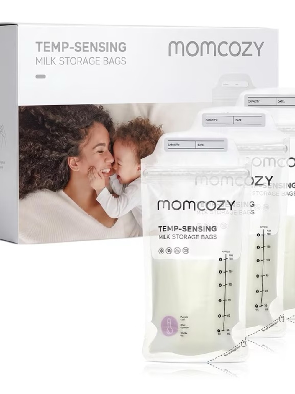 Momcozy Temp-Sensing Milk Storage Bags - White
